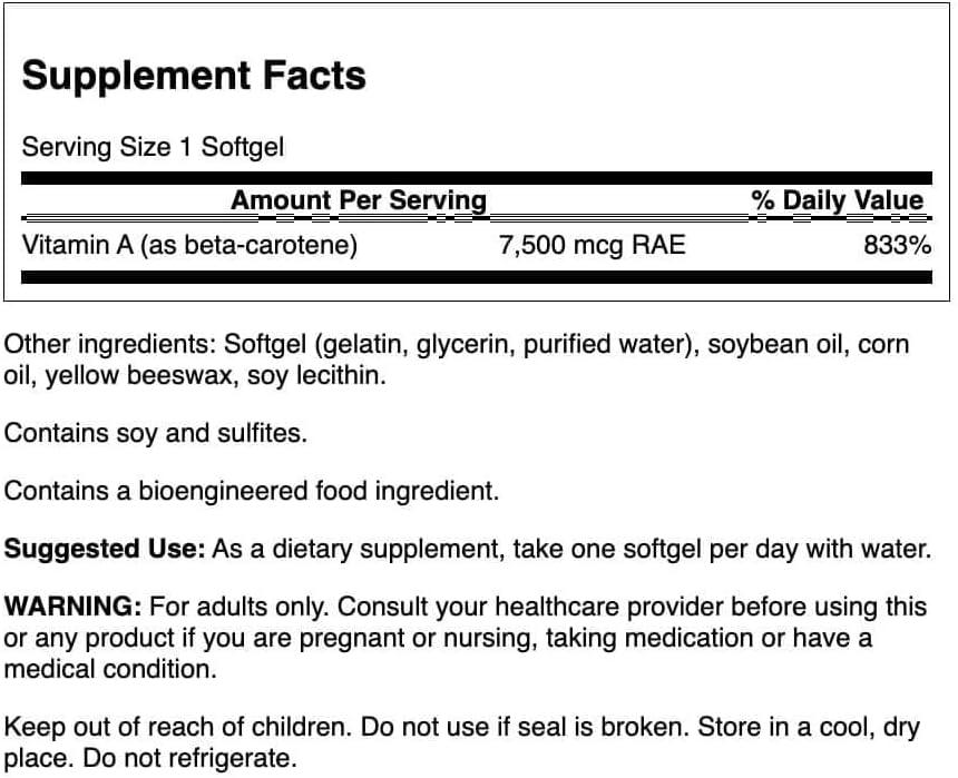 imageSwanson BetaCarotene Vitamin A 25000 Iu 7500 mcg 100 Sgels300 Count Pack of 2