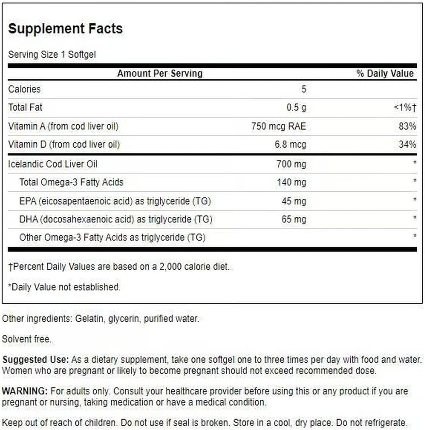 imageSwanson Cod Liver Oil Wellness Supplement Promoting Bone Skin Health Vision Support ampamp Immune System Function Natural Formula with High Absorption Vitamin A 250 Softgels 700mg Each