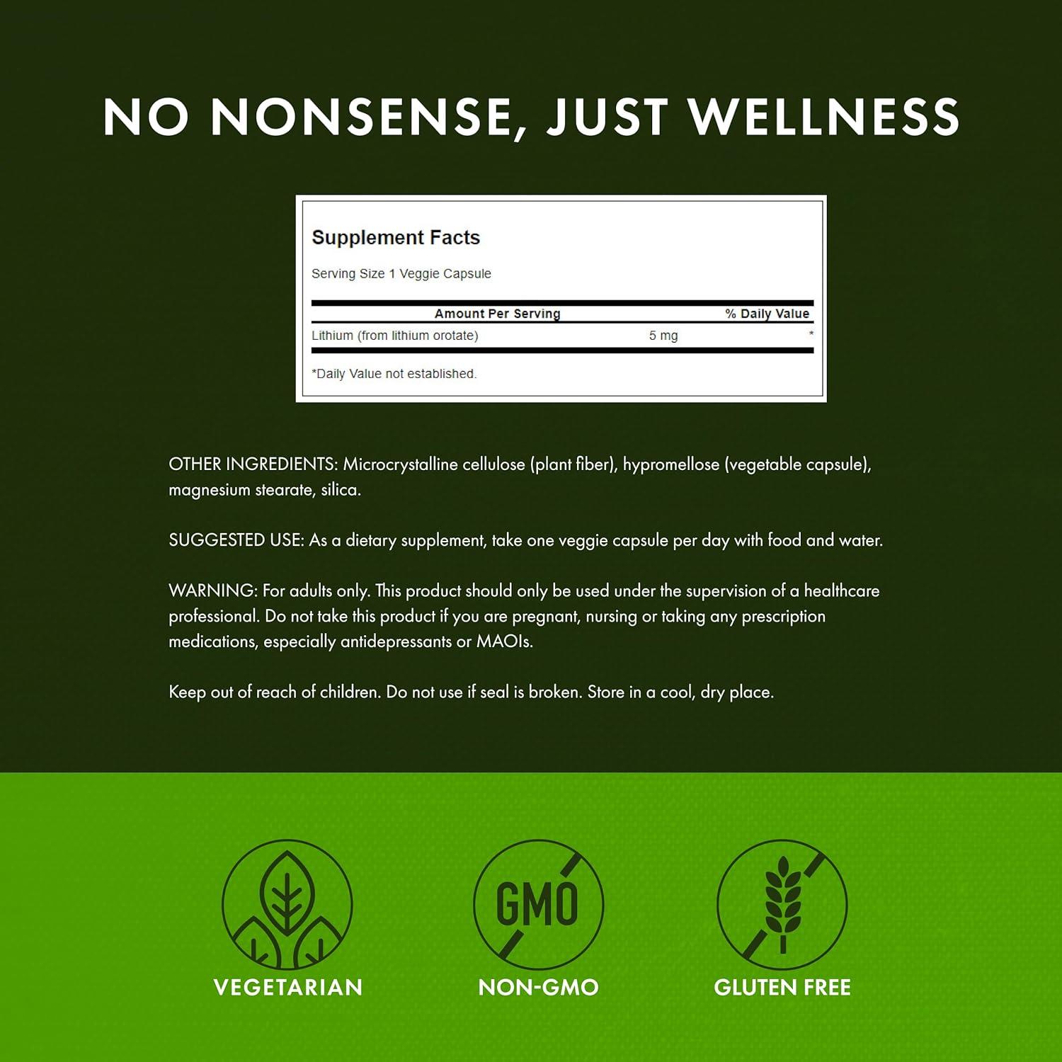 imageSwanson Lithium Orotate Antioxidant Mood Emotional Wellness Behavior Memory Support Supplement 5 mg 60 Veggie Capsules Elemental Lithium60 Count Pack of 1