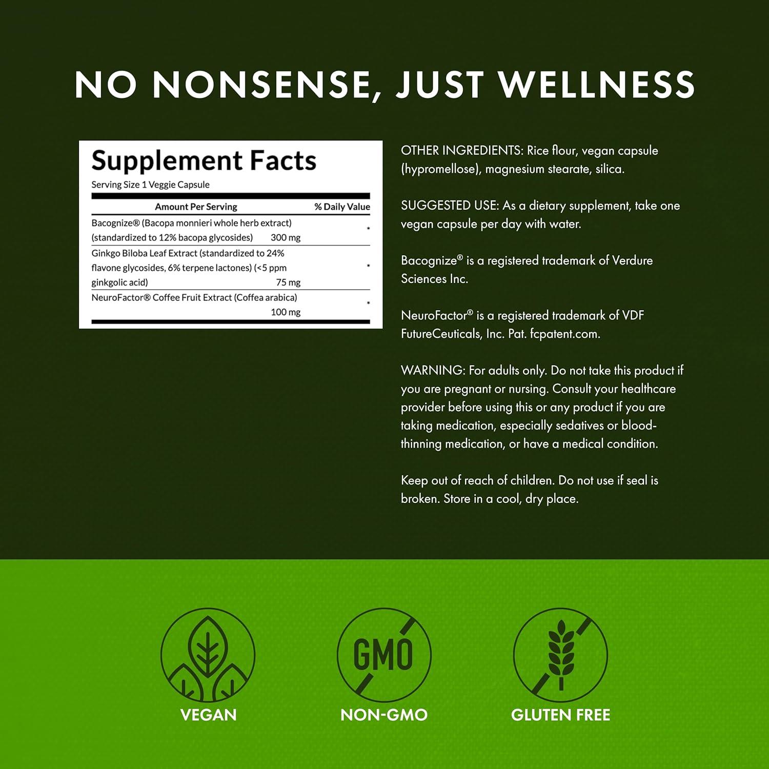 imageSwanson Pure Brainpower Brain Health Cognitive Memory Focus Support BrainDerived Neurotrophic Factor BDNF Herbal Supplement Ginkgo Biloba Bacopa Monnieri 60 Veggie Capsules Veg Caps 2 Pack60 Count Pack of 2