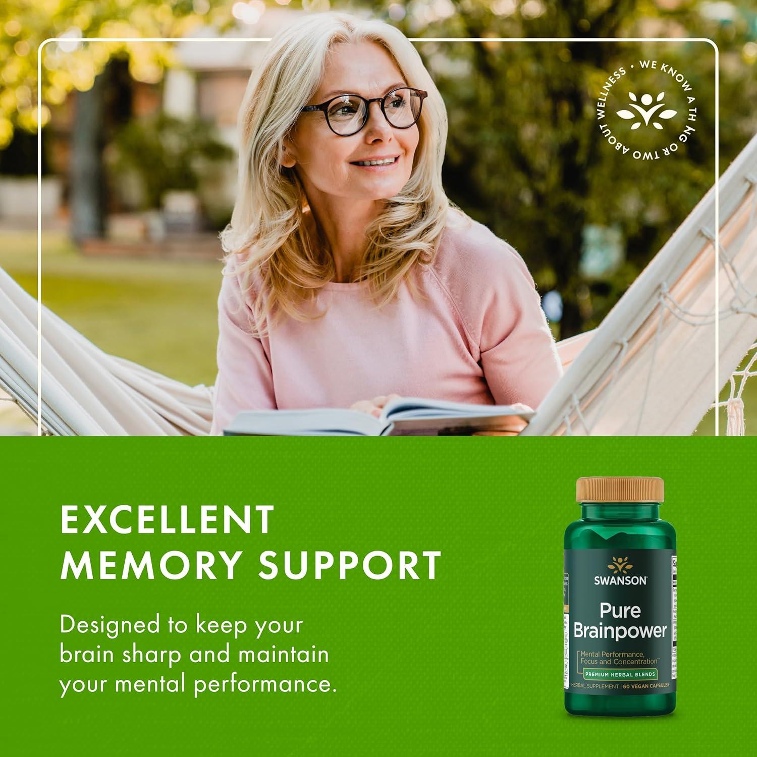 imageSwanson Pure Brainpower Brain Health Cognitive Memory Focus Support BrainDerived Neurotrophic Factor BDNF Herbal Supplement Ginkgo Biloba Bacopa Monnieri 60 Veggie Capsules Veg Caps 2 Pack60 Count Pack of 2