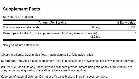 imageSwanson Vitamin C with Rose HIPS Immune System Support Skin Cardiovascular Health Antioxidant Supplement 500 mg 100 Capsules