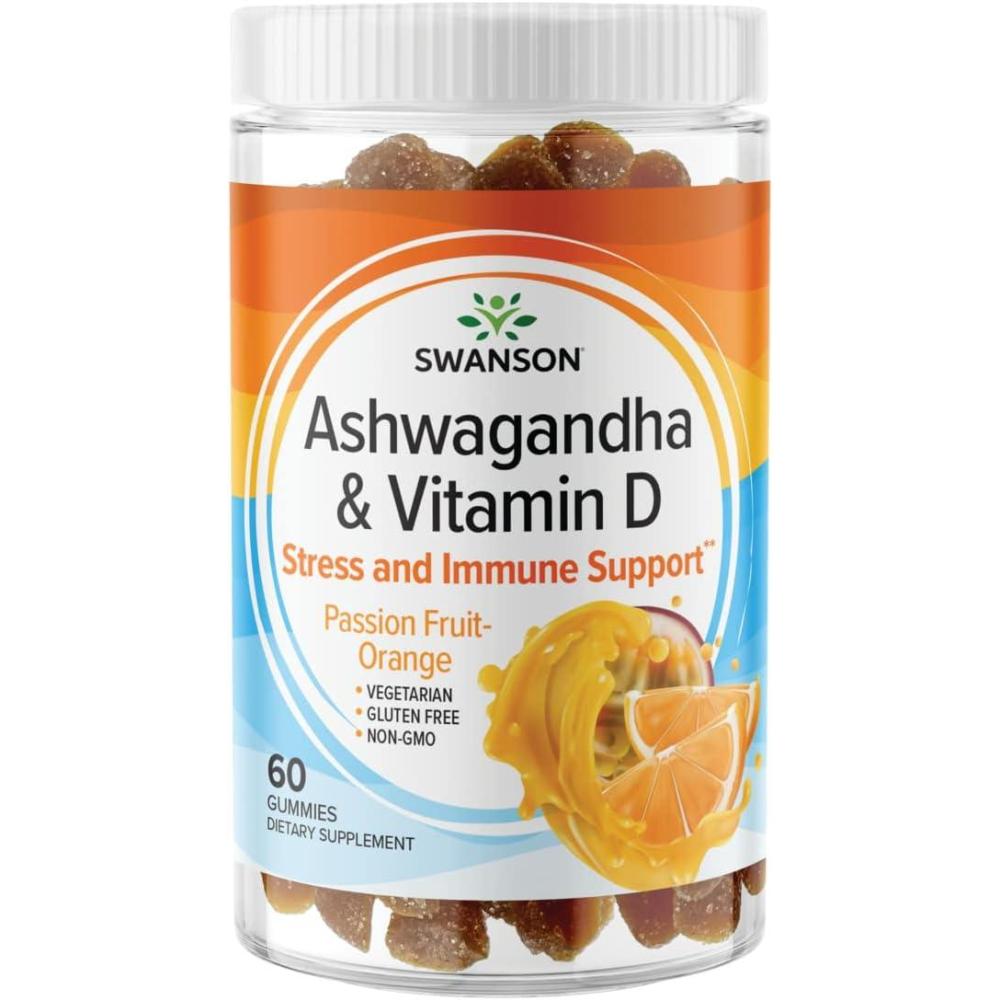 imageSwanson Ashwagandha Gummies with Vitamin D  All Natural Supplement Promoting A Calm ampamp Relaxed Mindset  Helps to Support Stress Reactions ampamp Immune Health  Passion FruitOrange 60 Gummies