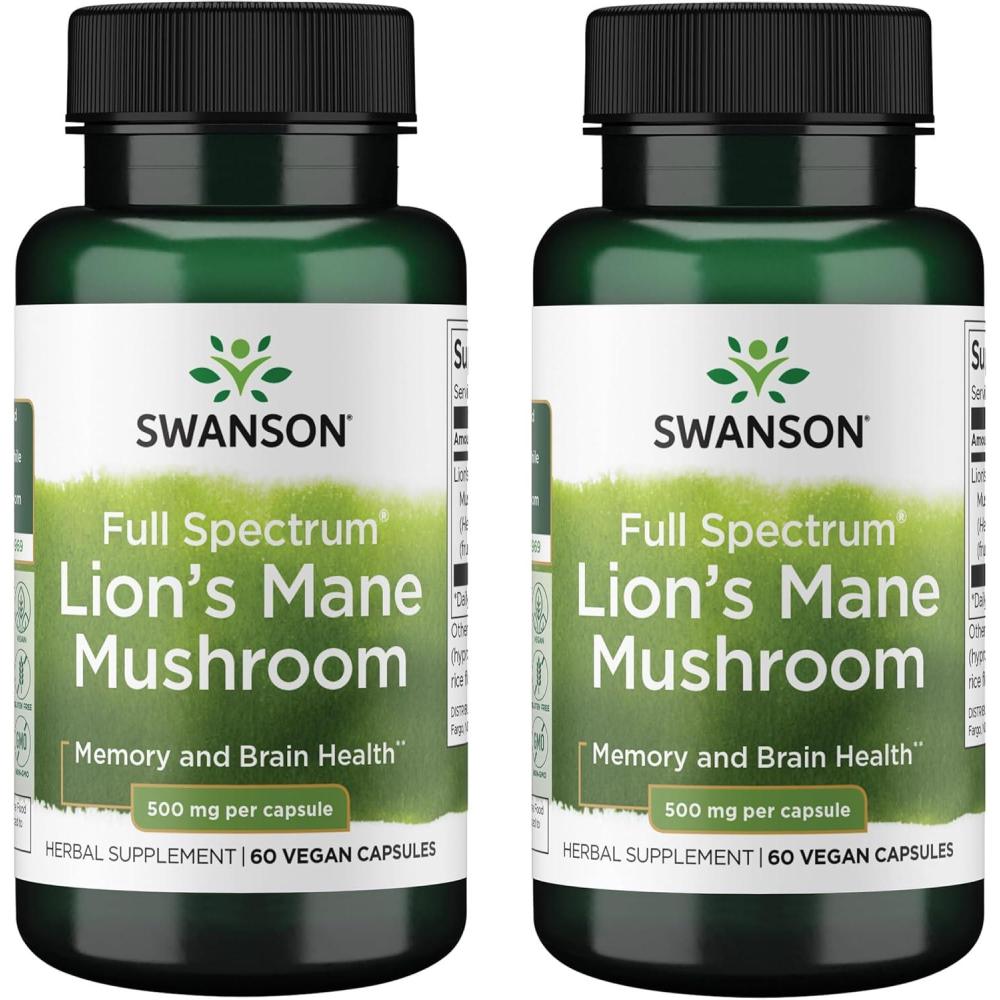 imageSwanson Lions Mane Mushroom Capsules 500 mg Each 60 Capsules Herbal Supplement Supporting Cognitive Function60 Count Pack of 2