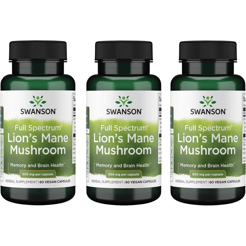 imageSwanson Lions Mane Mushroom Capsules  500 mg Each 60 Capsules  Herbal Supplement Supporting Cognitive Function60 Count Pack of 3