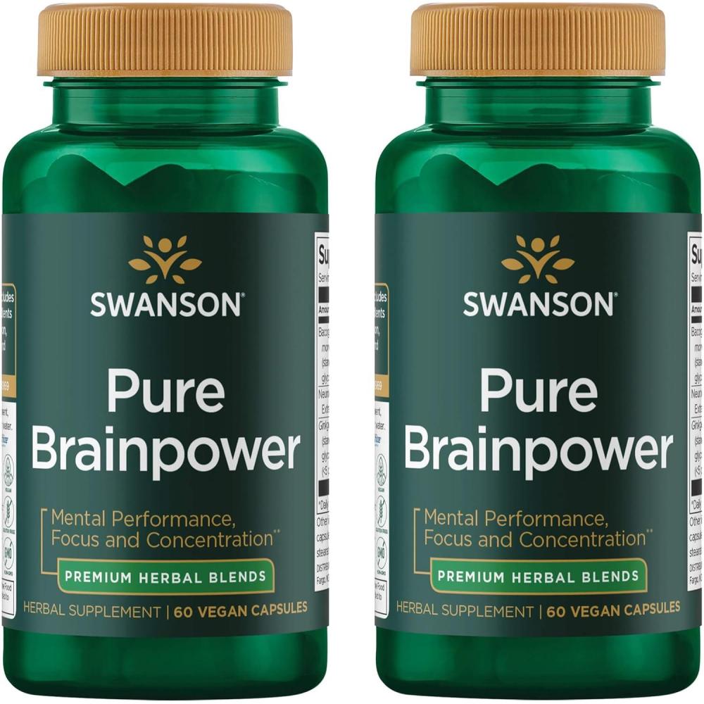 imageSwanson Pure Brainpower Brain Health Cognitive Memory Focus Support BrainDerived Neurotrophic Factor BDNF Herbal Supplement Ginkgo Biloba Bacopa Monnieri 60 Veggie Capsules Veg Caps 2 Pack60 Count Pack of 2
