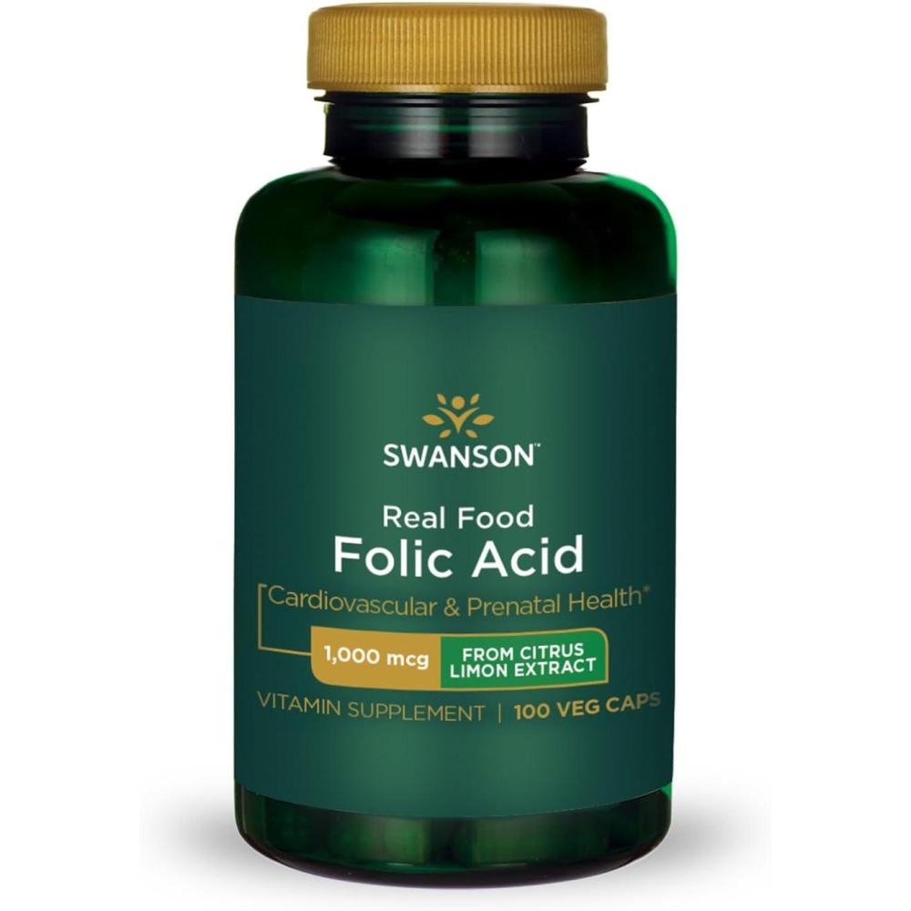 imageSwanson Real Food Folic Acid Folate Vitamin B9 Cardiovascular Prenatal Health from Citrus Limon Extract Vegan GlutenFree NonGMO B9 1000 mcg 100 Veggie Capsules Caps100 Count Pack of 1
