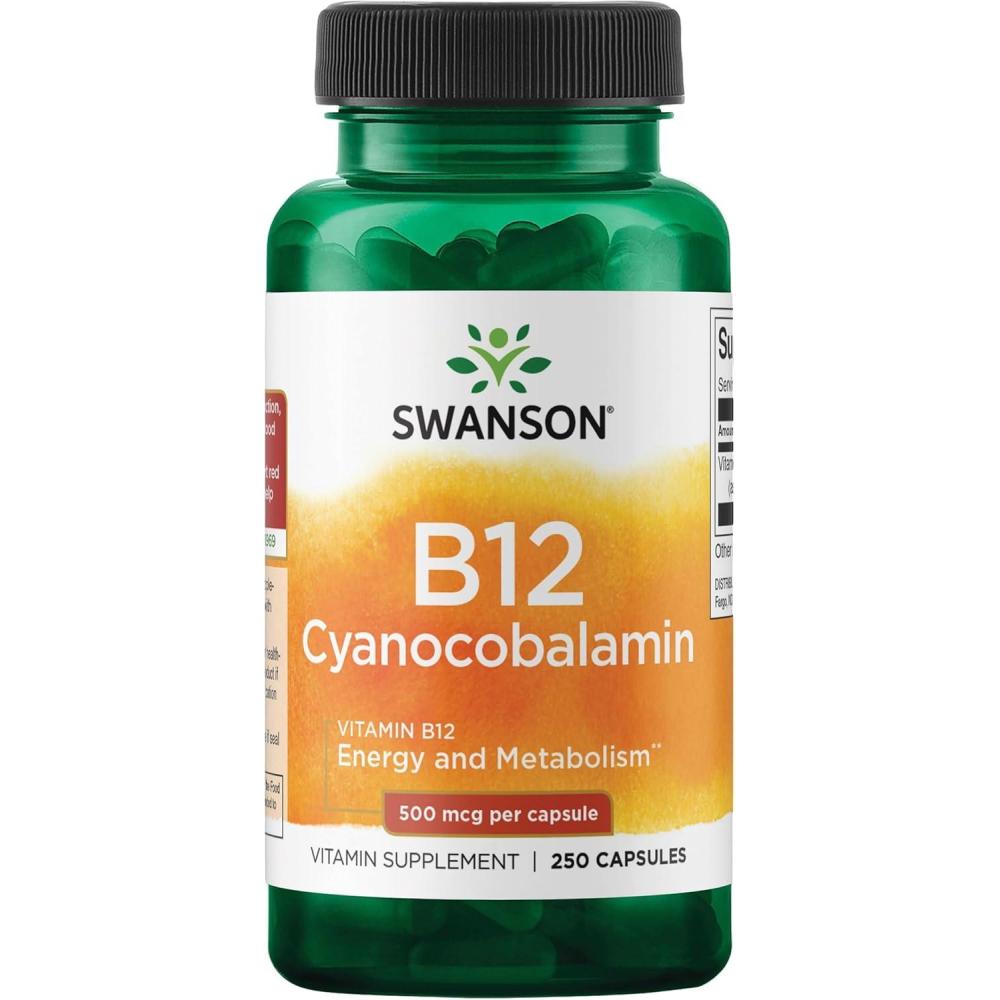 imageSwanson Vitamin B12 Cyanocobalamin  500mcg Each 250 Capsules  Energy Nervous System and Overall Wellness Support