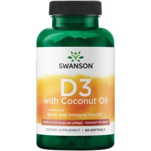 Swanson High Potency Vitamin D-3 w/Coconut – Natural Supplement Promoting Bone Health & Immune System Support – May Help Increase Calcium Absorption – (60 Softgels, 125mcg Each)
