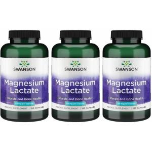 Swanson Magnesium Lactate – Mineral Supplement Promoting Muscle and Bone Health Support – Lactose-Free Lactate Mineral Form for Gentle Absorption – (120 Capsules, 84mg Each)(120 Count (Pack of 3))