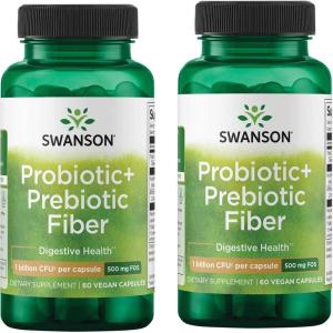 Swanson Prebiotic + Probiotic Fiber – Natural Supplement Promoting Digestive System & Immune Health Support – Aids Regularity & GI Tract Health – (60 Capsules, 500 Million CFU Each)(60 Count (Pack of 2))