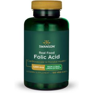 Swanson Real Food Folic Acid Folate Vitamin B-9 Cardiovascular Prenatal Health from Citrus Limon Extract Vegan Gluten-Free Non-GMO B9 1000 mcg 100 Veggie Capsules (Caps)(100 Count (Pack of 1))