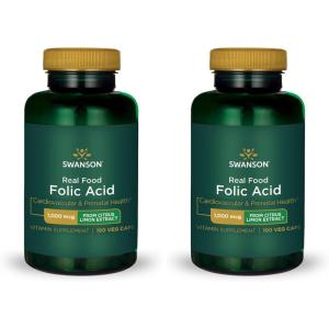 Swanson Real Food Folic Acid Folate Vitamin B-9 Cardiovascular Prenatal Health from Citrus Limon Extract Vegan Gluten-Free Non-GMO B9 1000 mcg 100 Veggie Capsules (Caps)(100 Count (Pack of 2))