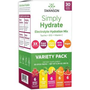 Swanson Simply Hydrate Electrolyte Mix – Sugar-Free Variety Pack – 30 Packets | Advanced Electrolyte Blend | Convenient On-The-Go Solution