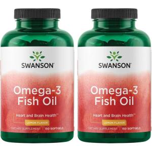 Swanson Omega 3 Fish Oil Supplement Heart Brain and Joint Support GMO-Free EFAs 180 mg EPA Plus 120 mg DHA 150 Softgel Capsules Lemon Flavor (2 Pack)