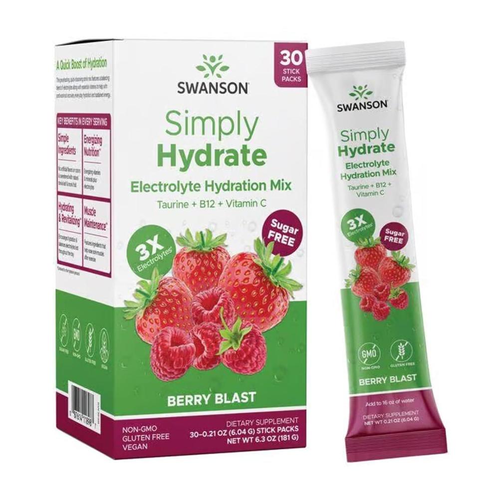 imageSwanson Simply Hydrate Electrolyte Powder Mix SugarFree Drink Mix with 0 Calories Convenient OnTheGo Hydration Powder Advanced Electrolyte Drink Mix Berry Blast Flavor 30 Packets
